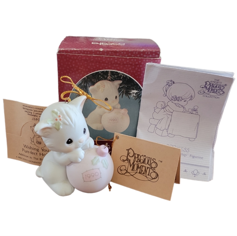 Vtg '90 Precious Moments Wishing You A Purrfect Holiday Porcelain Kitty Ornament